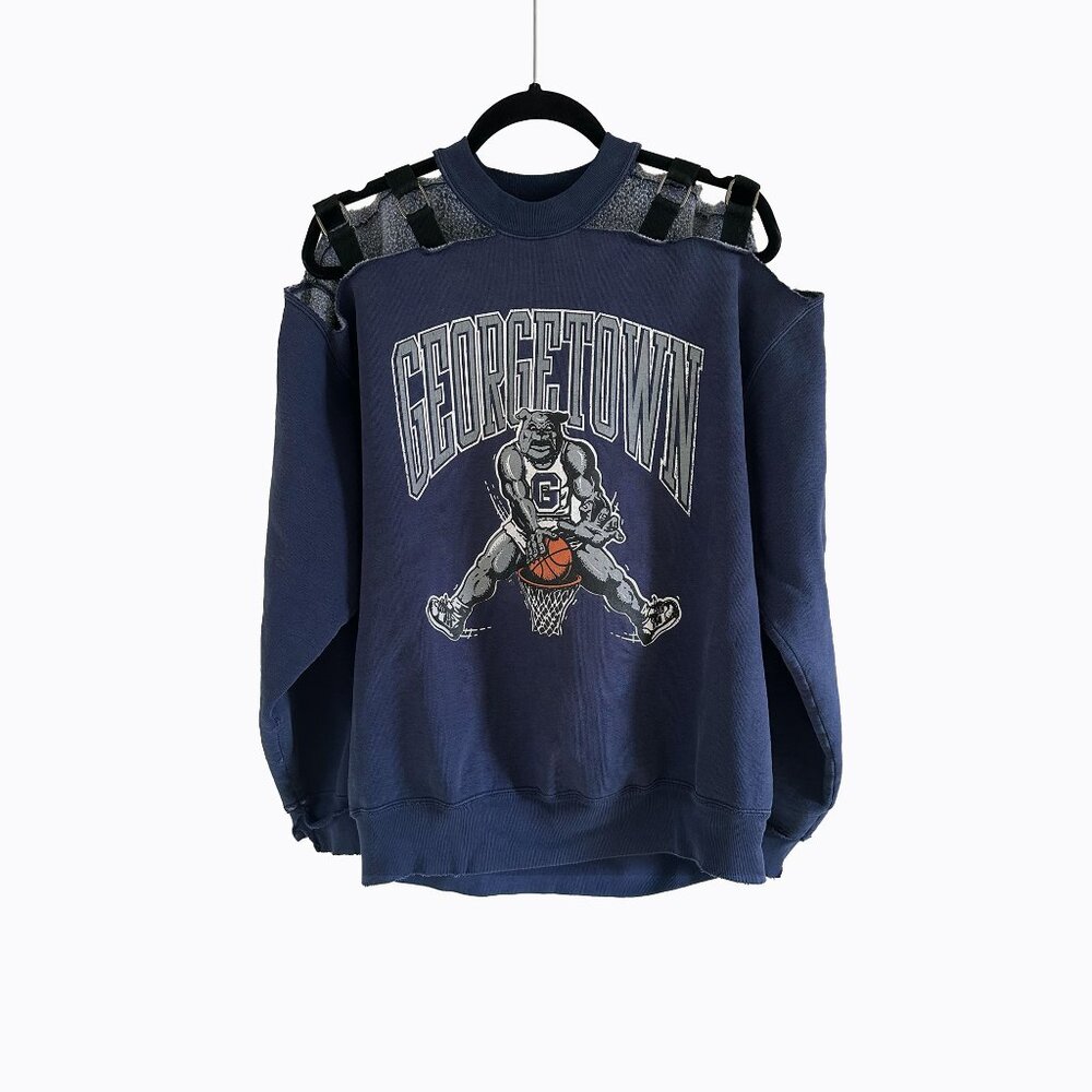 Vintage Georgetown Navy Sweatshirt 2XL Furst Of A Kind Upcycled Shoulder Straps